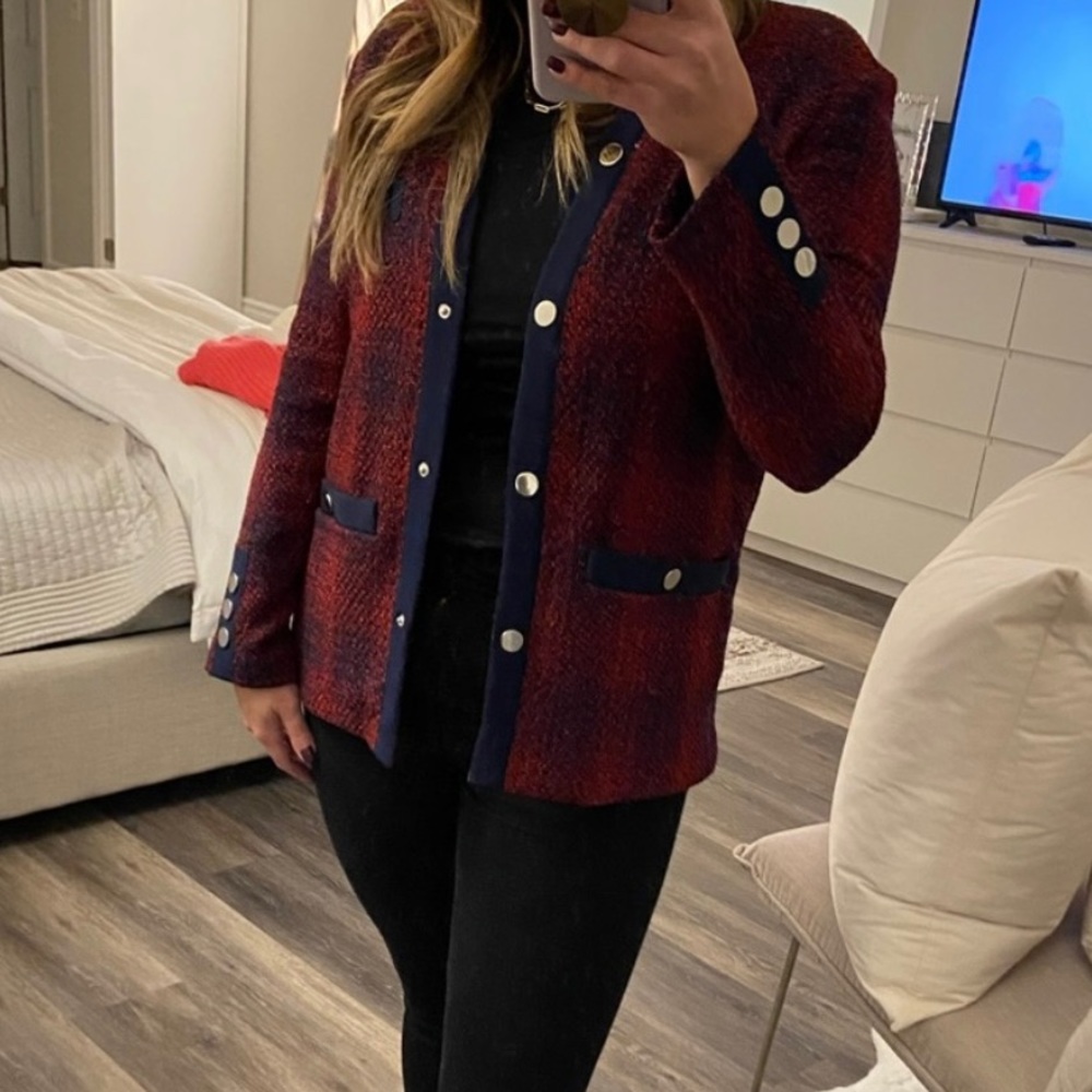 Maje Vero Checked Woven Jacket - Red and Navy NWT